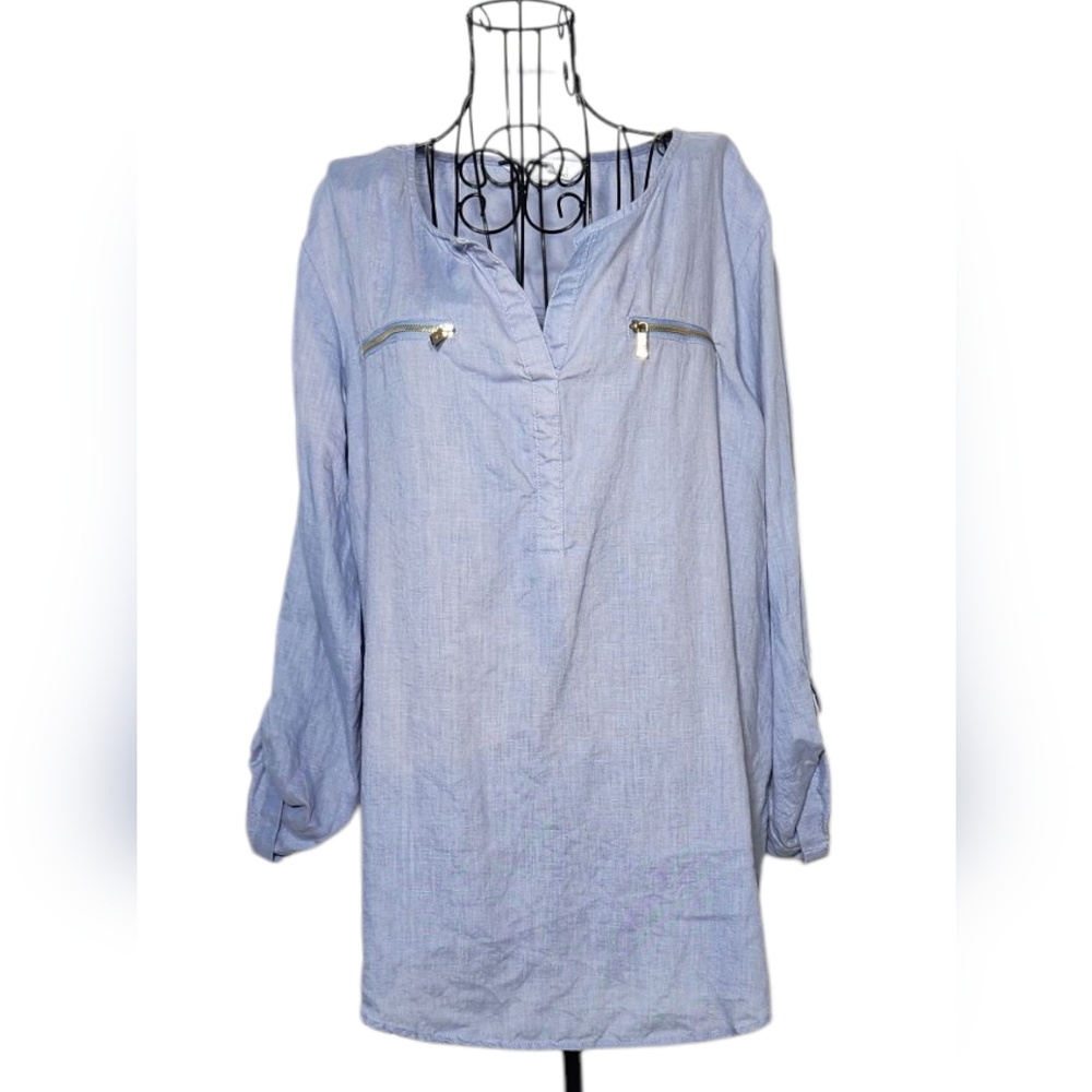 Ellen Tracy 100% Linen Tunic Top Light Blue Zip Detail L